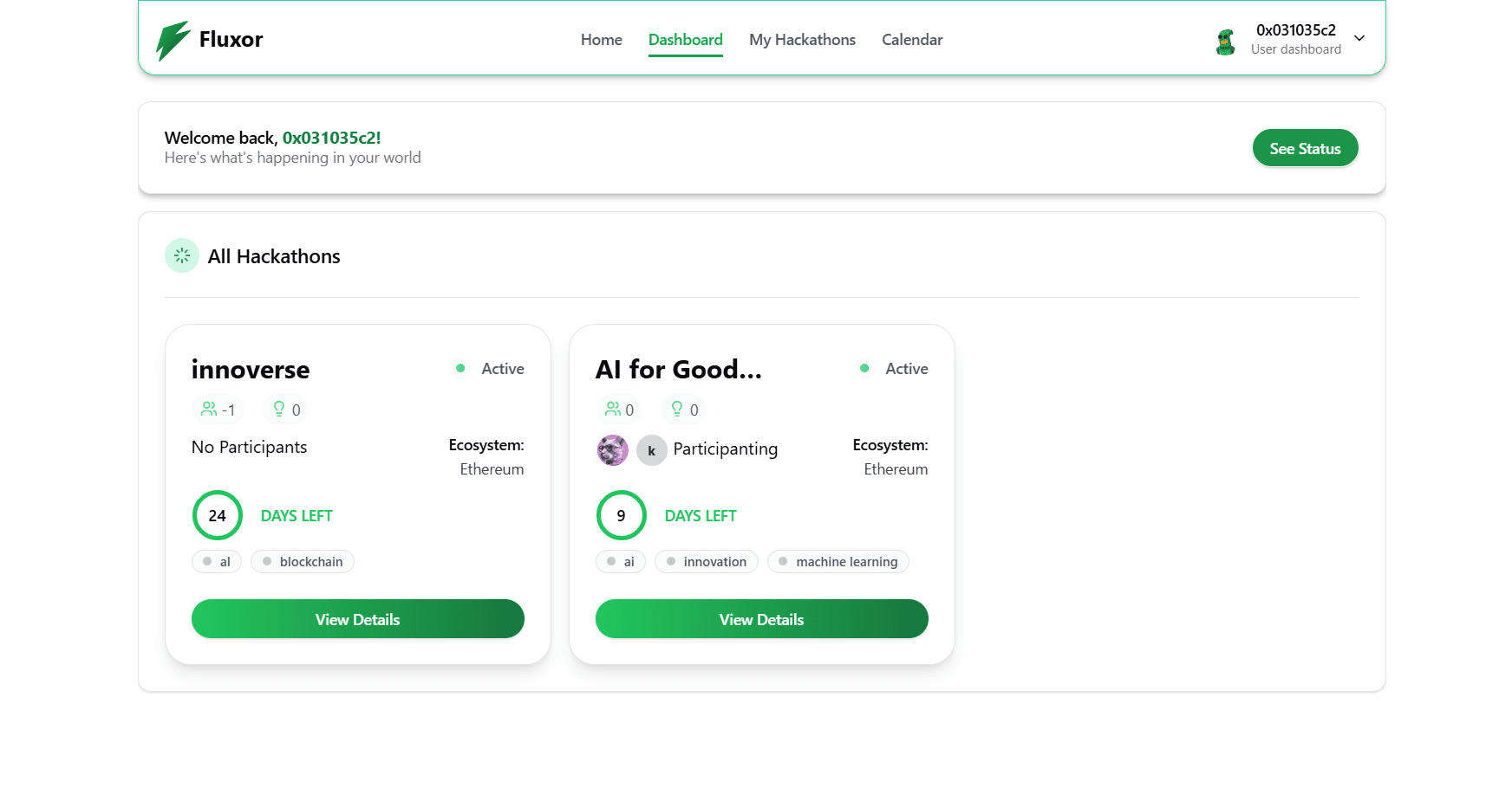 Web3 hackathon platform dashboard